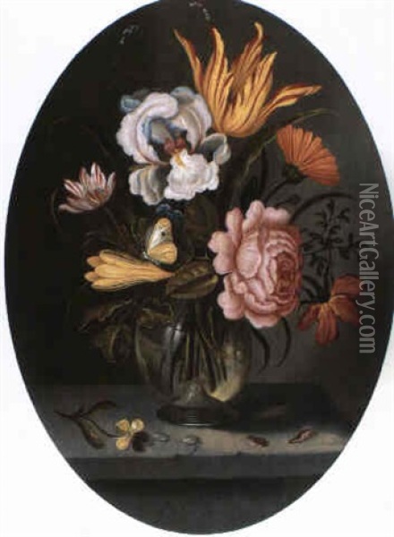 Ein Blumenstrauss Mit Tulpe, Iris Und Rose Ine Einer        Glasvase Oil Painting - Abraham Bosschaert