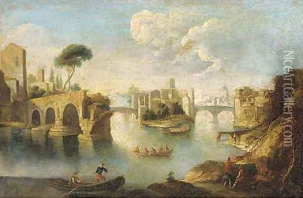 The Tiber, Rome, looking north past the ruins of the Pons Aemilius to the Insula Tiberina Oil Painting - Paolo Anesi