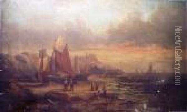 Boats On The Shore, Whitby Oil Painting - William A. Thornley Or Thornber