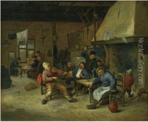 A Tavern Interior With A Fiddler And Peasants Smoking, Drinking Andplaying Cards Oil Painting - Cornelis Dusart