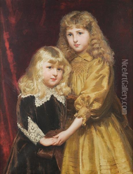 Portrait Of Jessica And Thomas Frost, She In Agold Silk Dress, Her Brother In Van Dyck Costume Oil Painting - Alfred Edward Emslie