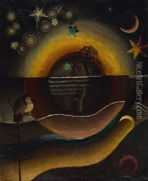 Composition A L'oiseau Et Etoiles Oil Painting - Hubert Wolfs