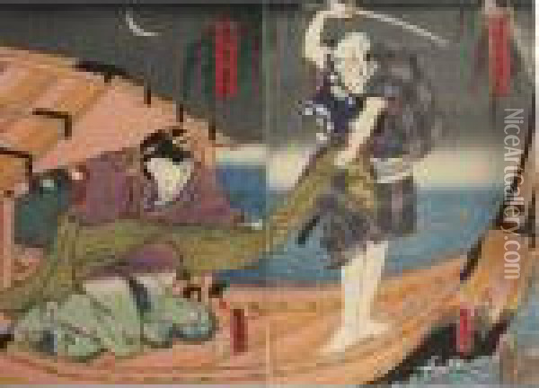 Assassin Scene Oil Painting - Kunisada