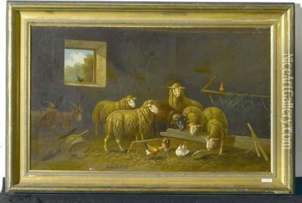 Schafe Und Ziegen Im Stall. Oil Painting - Franz van Severdonck