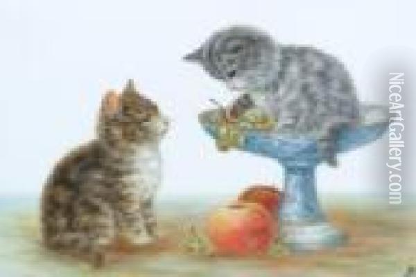 Two Kittens Playing With A Bowl Of Fruit Oil Painting - Bessie, Betsie Bamber