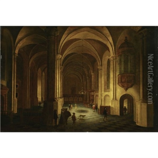 The Interior Of A Church At Night, With Elegant Figures Oil Painting - Anthonie Delorme