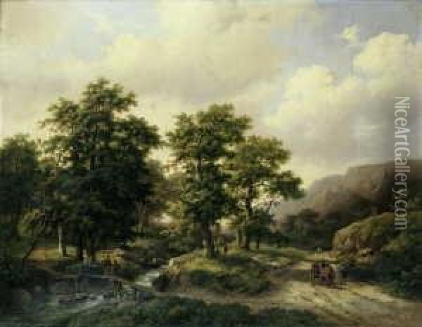 Mittelgebirgslandschaft Mit Pferdefuhrwerk. Oil Painting - Marianus Adrianus Koekkoek