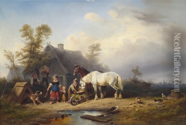 Landliches Idyll. Bauernfamilie Mit Ihren Tieren Vor Dem Haus Oil Painting - Wilhelm Alexander Meyerheim
