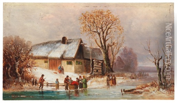 River Landscape In Winter With Decorative Figures Oil Painting - Anton Doll