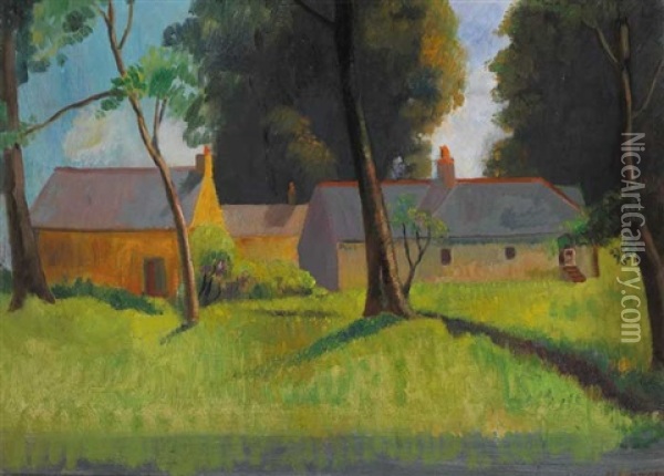 Landscape With Farm Buildings And Trees Oil Painting - James Sinton Sleator