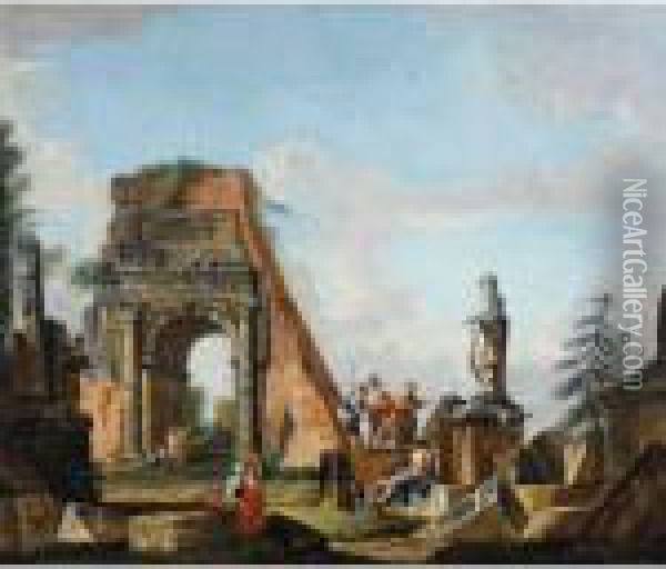 A Capriccio Of Roman Ruins Including The The Arch Of Titus And The Statue Of Achilles Oil Painting - Giovanni Niccolo Servandoni