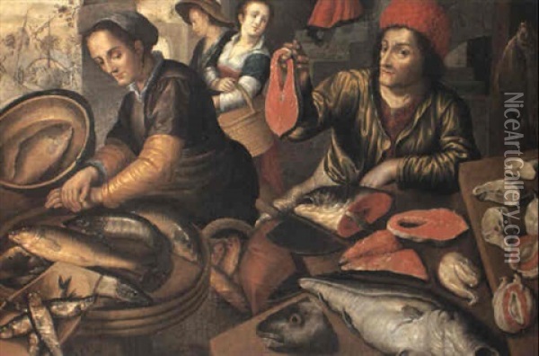 A Fish Stall, With A Fishmonger Holding Up A Salmon Steak Oil Painting - Joachim Beuckelaer