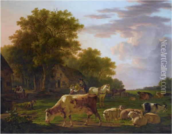 A Landscape With Cows And Sheep 
Near A Farmhouse, A Man In A Horse-drawn Cart Handing Over A Copper Jug 
To A Woman, Two Women Washing Clothes To The Left Oil Painting - Jacob Van Stry