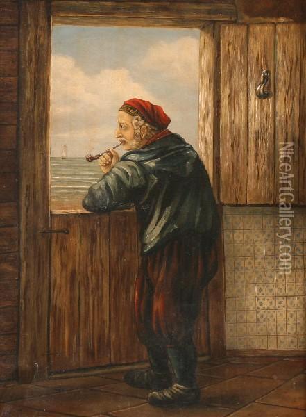 Oude Visser In Een Interieur,kijkend Naar De Zee Oil Painting - Albert Jurardus van Prooijen