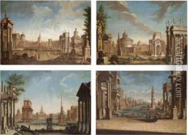 A Capriccio View Of A Mediterranean Harbour;
 A Capriccio View Of A Grassy Piazza With A Series Of Imaginary Temples, A Mother And Daughter In The Foreground;
 A Capriccio View Of A Piazza With A Curved Colonnade To The Right And A Six Columned Church T Oil Painting - Francesco Battaglioli