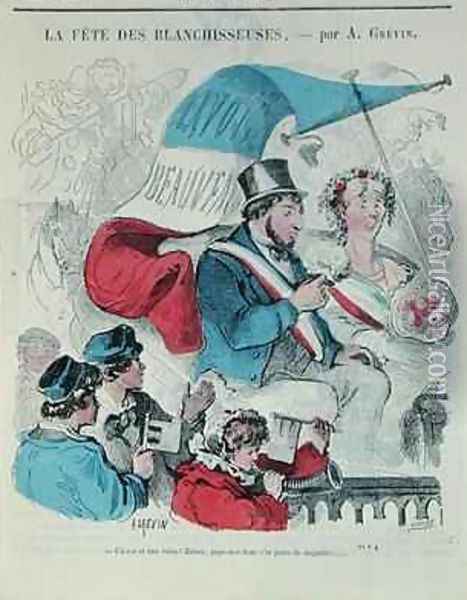 Cartoon depicting the Fete des Blanchisseuses Oil Painting - Alfred Grevin