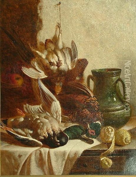 A Still Life Of Game, Fruit And A Large Stoneware Jug On A Cloth Draped Table Oil Painting - William Hughes