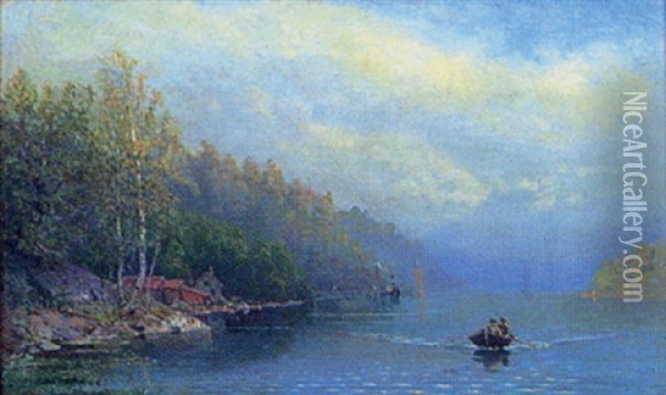 Batar Pa Sjo, Vid Stranden Stugor Oil Painting - Carl Gustaf Wallstroem