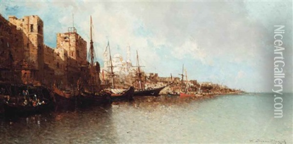 On The Bosphorus, Istanbul Oil Painting - Jean Baptiste Henri Durand-Brager