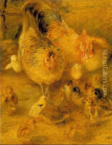 A Family Of Chickens Oil Painting - William Huggins