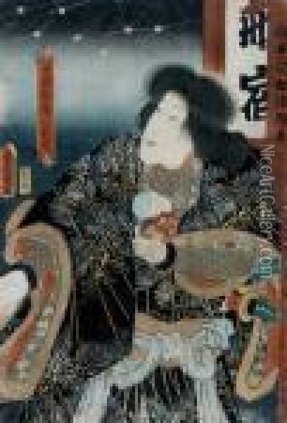 Samurai Mit Saugling Im Arm Betrachtet Die Sterne Oil Painting - Kunisada