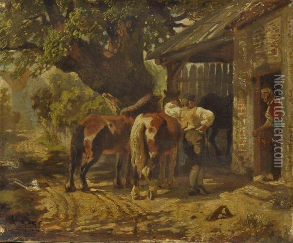 Knecht Mit Zwei Pferden Vor Der Dorfschmiede Oil Painting - Friedrich Johann Voltz