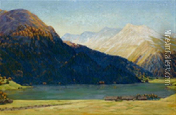 Davoser-see Mit Seehorn Und Blick Richtung Schwarzhorn Oil Painting - Philipp Bauknecht