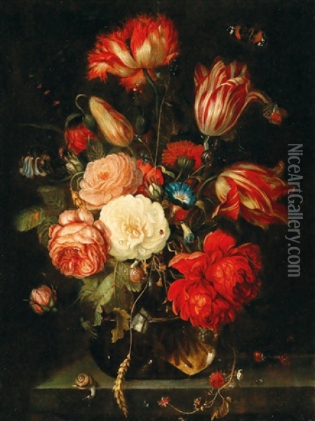A Still Life Of Flowers In A Glass Vase Oil Painting - Jan van Kessel the Elder