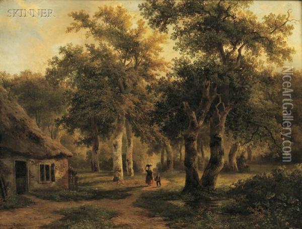 Figures Approaching A Thatched Cottage Oil Painting - Joseph Antonio Hekking