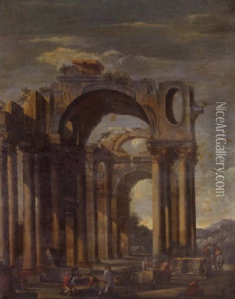 A Capriccio Of Classical Ruins With Figures In The Foreground Oil Painting - Giovanni Ghisolfi