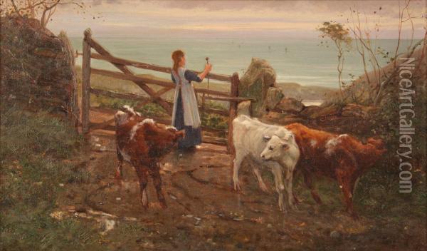 Coastal Landscape With A Girl Looking Out To Sea And Closing A Five-bar Gate Beside Cows On A Path Oil Painting - Frank E. Cox