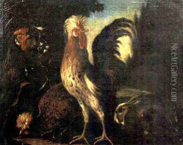 Gallo, Galline E Un Coniglio En Plein Air Oil Painting - Angelo Maria (Crivellone) Crivelli