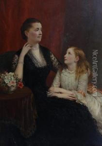 Mother And Daughter In A Drawing Room, Themother Seated, Three-quarter Length, Wearing A Black Silk Dress,the Daughter At Her Knee Wearing A White Silk Dress Oil Painting - Samuel Sidley