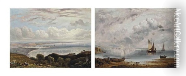 Two Views Of Peel, Isle Of Man, One Observed From The Coast, The Other From The Hills Above (both Illustrated) (pair) Oil Painting - Jacob George Strutt