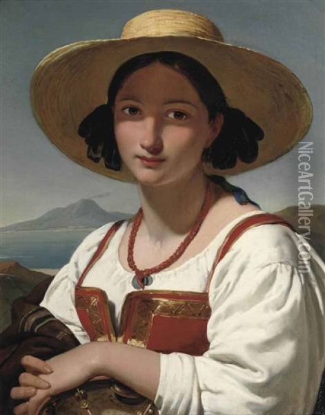 Portrait Of A Neapolitan Girl, With The Vesuvius In The Distance Oil Painting - Jan Adam Janszoon Kruseman