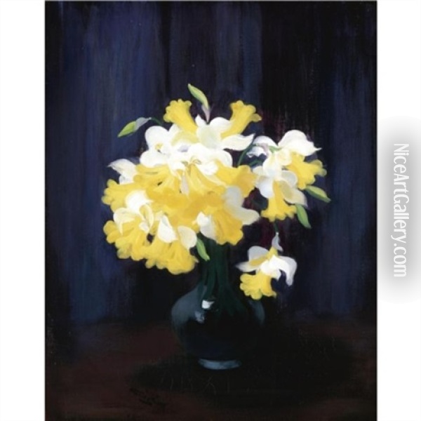 Daffodils In A Blue Vase Oil Painting - Stuart James Park
