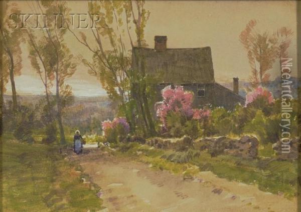 View With A Woman On A Path By A Country House Oil Painting - Hezekiah Anthony Dyer
