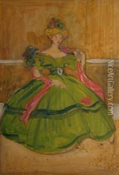 'girl In Green Dress'. Oil Painting - Edmund Joseph Sullivan