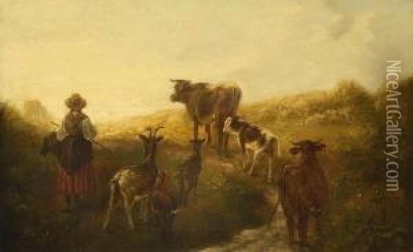 Hirtin Mit Vieh Auf Dem
 Heimweg. Oil Painting - Friedrich Johann Voltz
