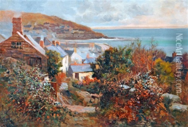 Autumnal View Of Mousehole, Cornwall Oil Painting - Arthur Netherwood