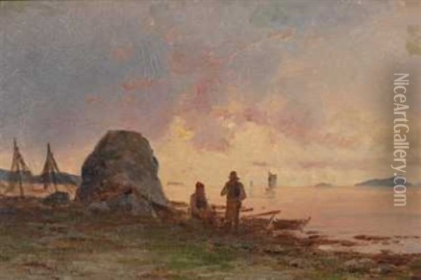 Fiskere Ved Kysten Oil Painting - Jacob Julius Holck