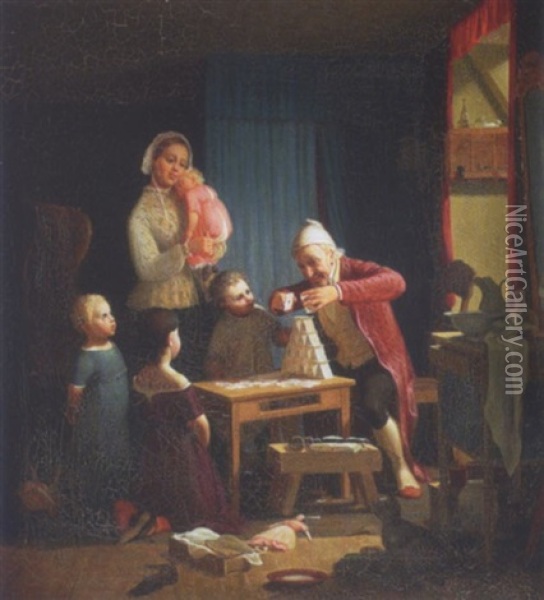 Far Bygger Korthus, Mens Mor Og Bornene Ser Beundrende Til Oil Painting - Wilhelm Thomas Pedersen
