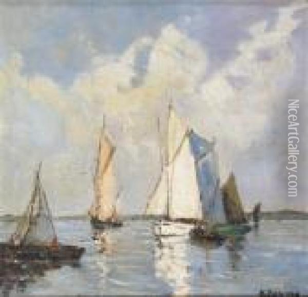 Sailing Ships Off The Coast Oil Painting - Henri Alphonse Barnoin