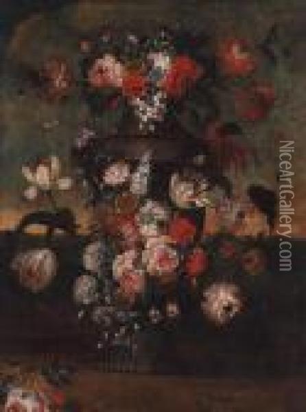 Flowers In An Urn In A Landscape Oil Painting - Pieter III Casteels