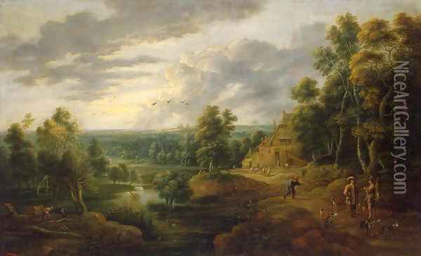 Landscape with Hunters Oil Painting - Lucas Van Uden
