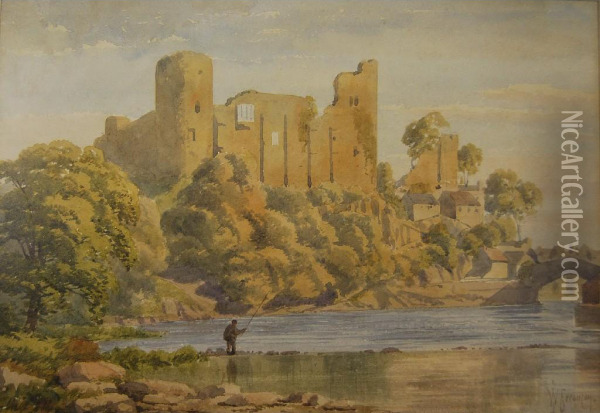Castle Ruin Beside A River, Watercolour Oil Painting - William J. Ferguson