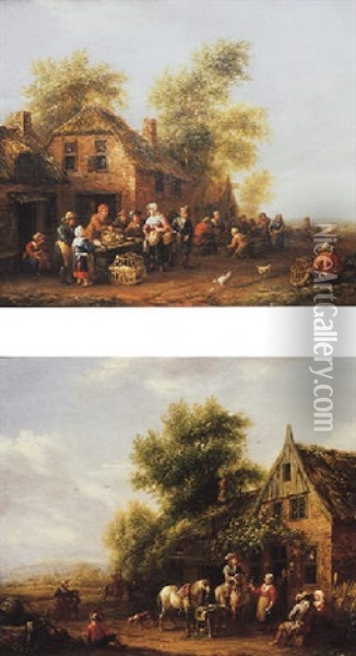 Peasants Trading Animals Outside A Farmhouse Oil Painting - Barend Gael