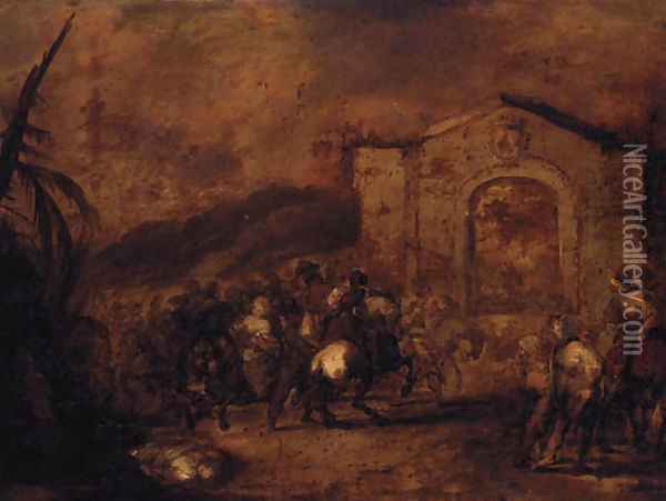 A cavalry skirmish before a classical gateway Oil Painting - Francesco Simonini
