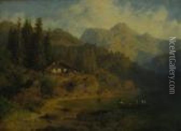 Landscape With Figures In A Punt Oil Painting - August Bedrich Piepenhagen