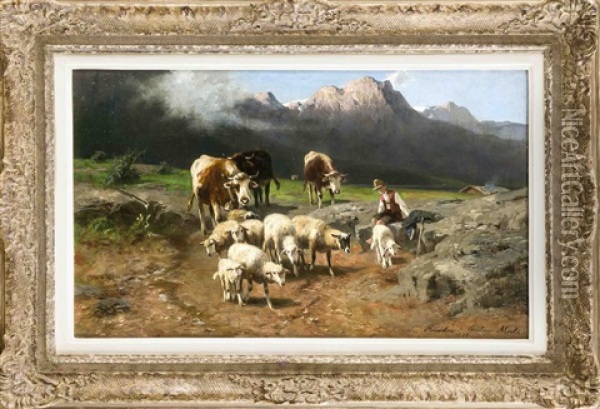 Rastender Hirtenjunge Mit Kuhen Und Schafen Auf Der Hochalm Oil Painting - Christian Friedrich Mali